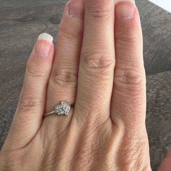 Rhinestone studded silver tone Hamsa hand ring - size 7 - Picture 5 of 5